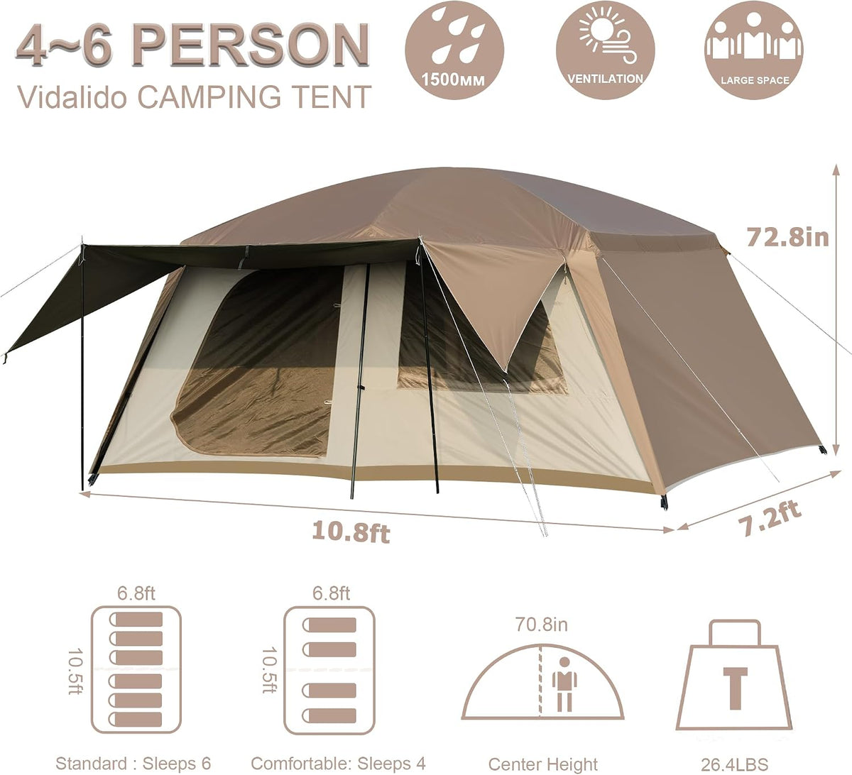 Vidalido 4-6 Person Camping Tent with 3 Door 2 Room Waterproof