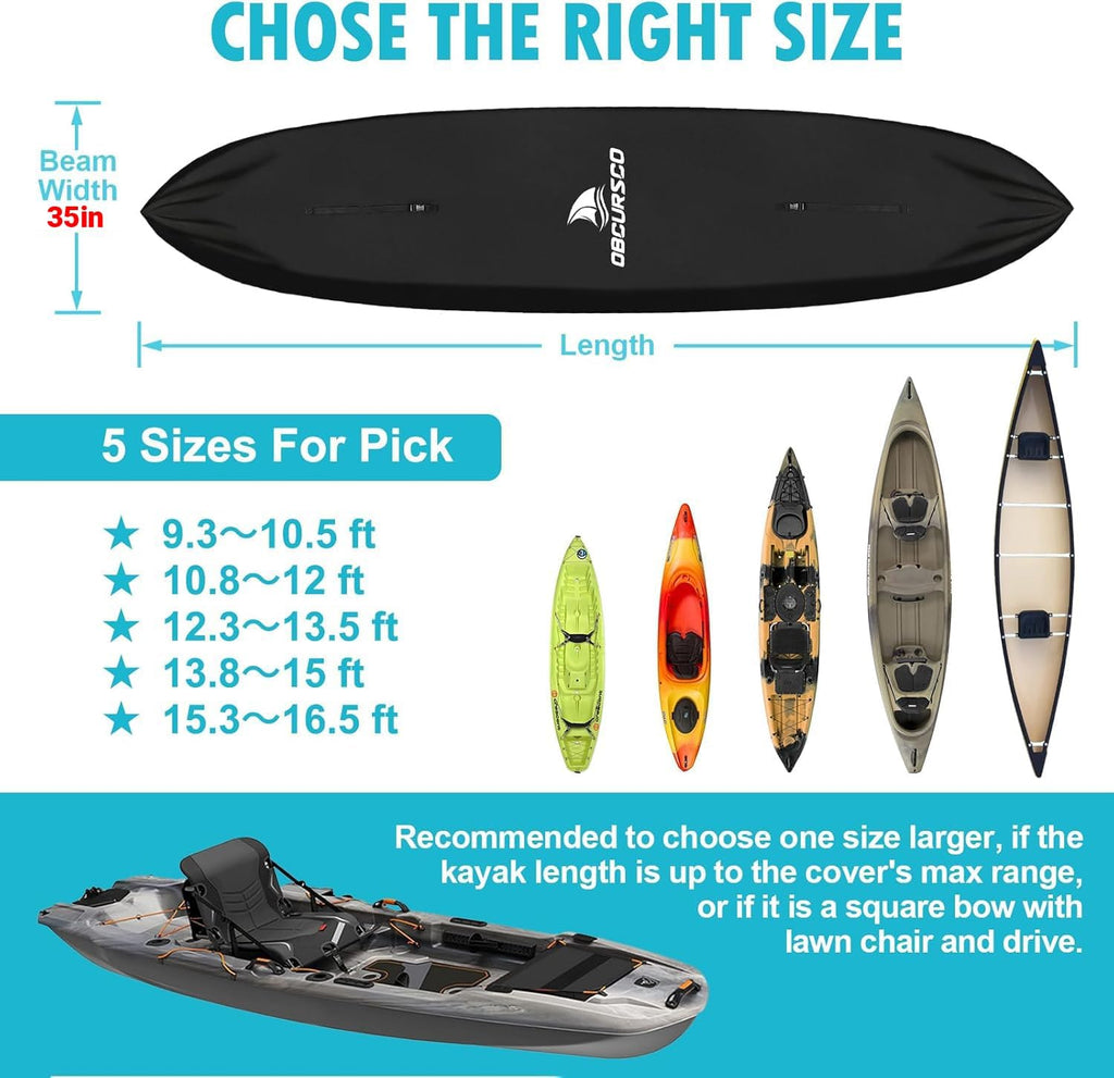 Obcursco 600D Kayak Cover Waterproof, 9.3-16.5FT, Heavy Duty Canoe Cover