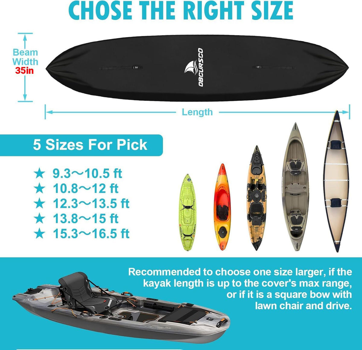 Obcursco 600D Kayak Cover Waterproof, 9.3-16.5FT, Heavy Duty Canoe Cover