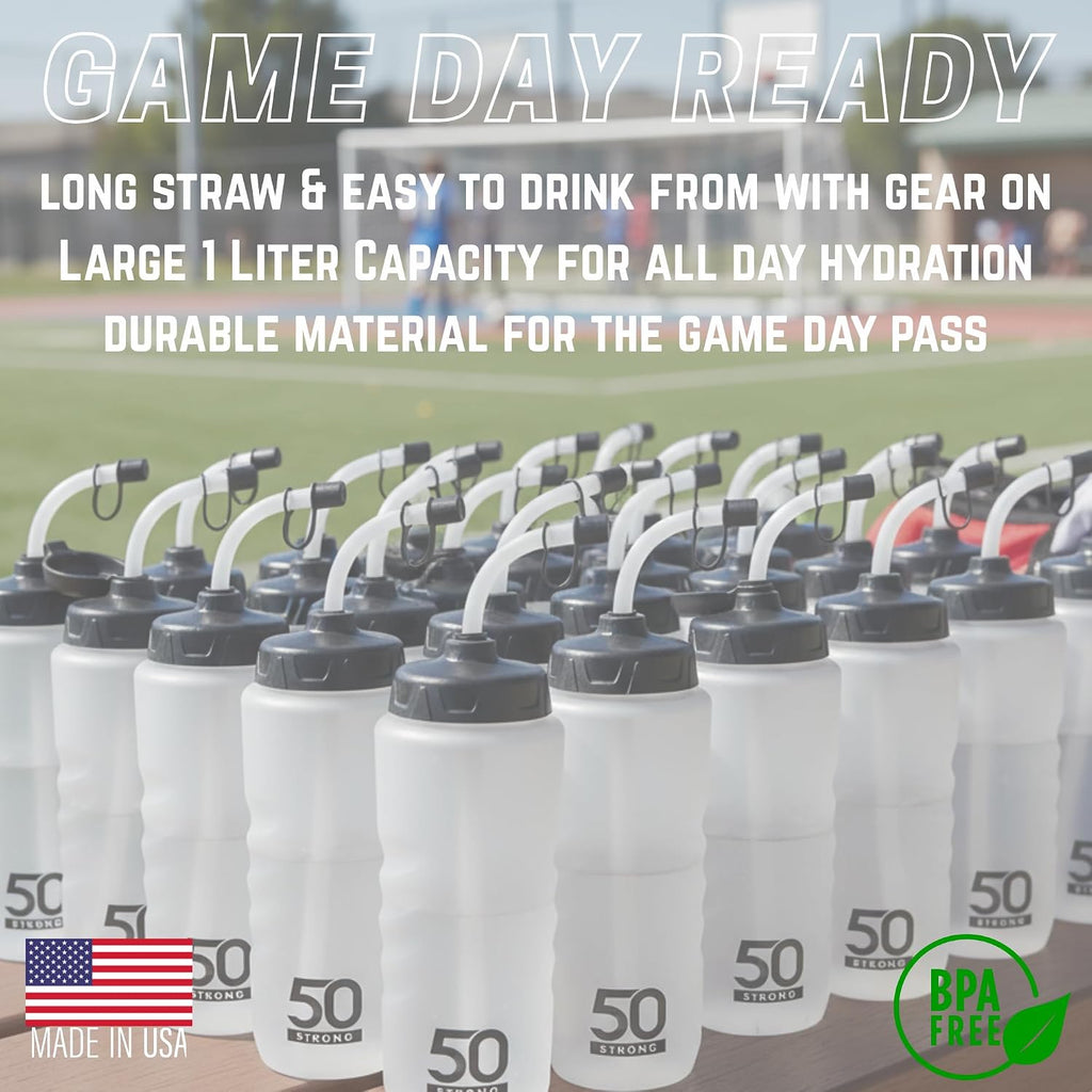 50 Strong | Hockey & Lacrosse Straw Water Bottles, 18-Pack, 1 Liter
