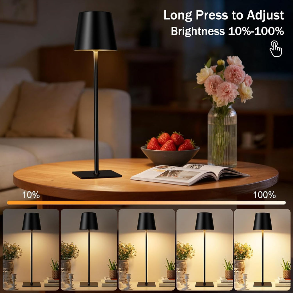 Kakanuo Black Cordless Rechargeable Table Lamp, 2 Pack Portable Desk Lamp with 5000mAh Battery, Touch Control Stepless Dimming, Wireless Night Light for Dining, Outdoor Camping, Coffee Shop