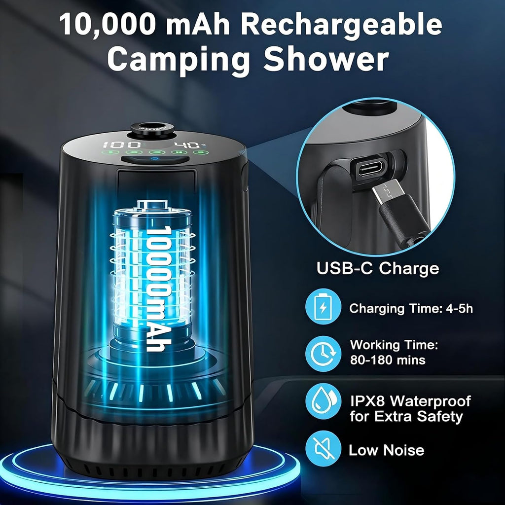 Portable Shower for Camping: 10000 mAh Rechargeable Shower, IPX8 Waterproof,High-Pressure Flow Camp Shower Pump,5-Speed Outdoor Shower with LED Display, Camping Gifts, Dog Bath, Hiking