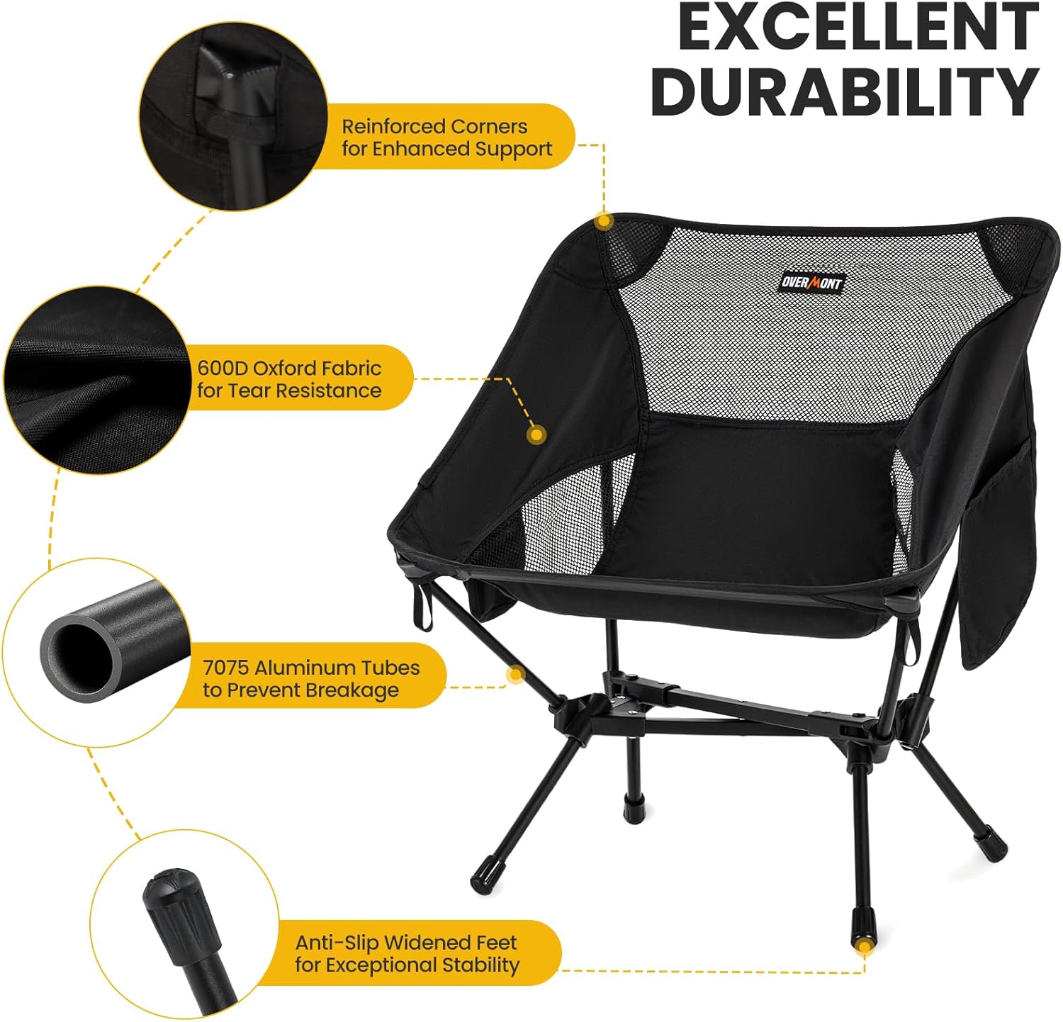 Overmont Ultralight Portable Camping Chair- Lightweight Folding Backpacking Chair, Support up to 330Lbs Compact Beach Chair for Adults with Carry Bag for Backpack Hiking Fishing Outdoor Camp Travel