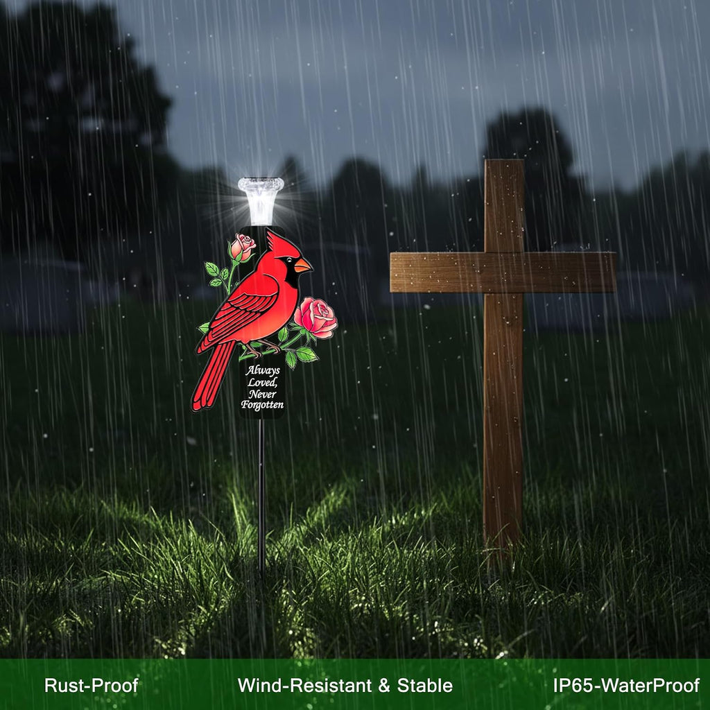 Solar Cardinal Memorial Stakes for Graves - Metal Cemetery Decorations with LED Light, Sympathy Gift for Loss of Father Dad, Mom, Grandma, Garden Grave Markers