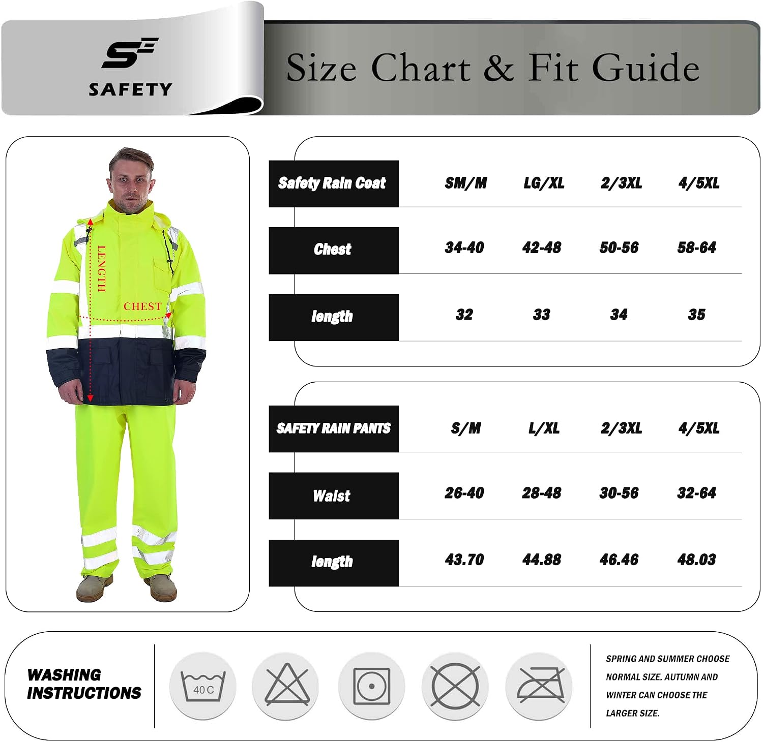 sesafety Hi Vis Rain Jacket, Rain Suits for Men Waterproof withBlack Bottom