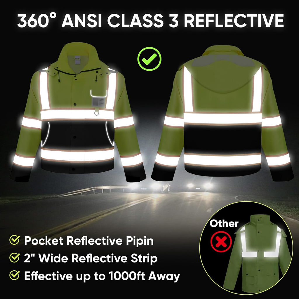 TICONN Reflective Rain Jacket, Waterproof ANSI Class 3 Hi Vis Safety Coat
