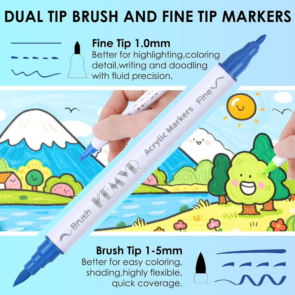 KEMYR 120 Colors Brush & Fine Tip Acrylic Paint Pens, Dual Tip Acrylic Paint Markers for Paper, Wood, Canvas, Stone, Rock, Glass, Fabric, DIY, Ceramic, Art Supplies for Adults Drawing