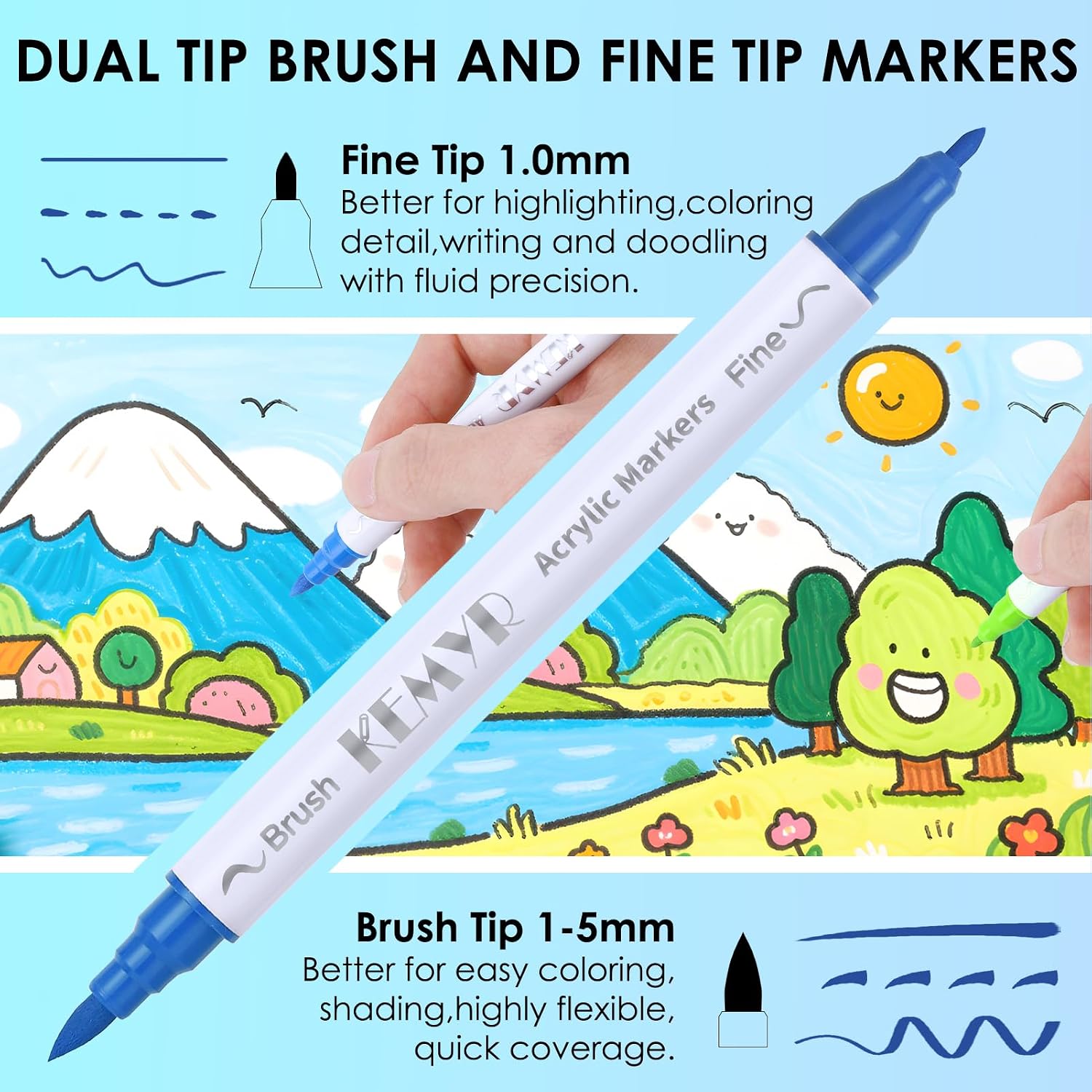 KEMYR 120 Colors Brush & Fine Tip Acrylic Paint Pens, Dual Tip Acrylic Paint Markers for Paper, Wood, Canvas, Stone, Rock, Glass, Fabric, DIY, Ceramic, Art Supplies for Adults Drawing