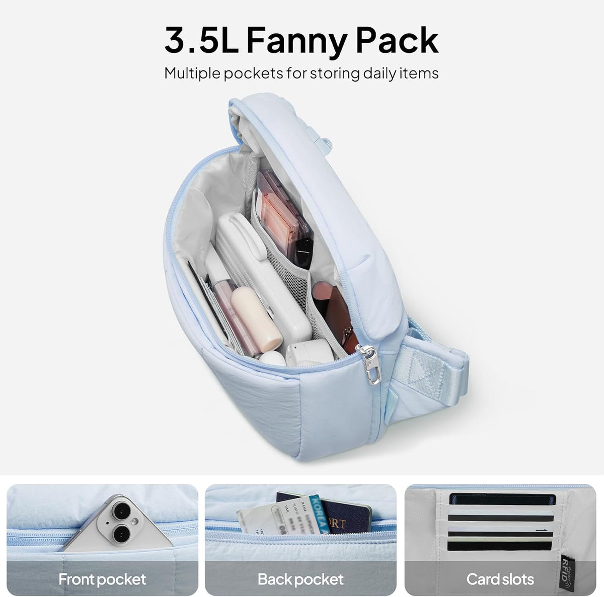 TOPEAST Fanny Pack for Women 3.5L Waist Pack with Water Bottle Holder, Light Blue