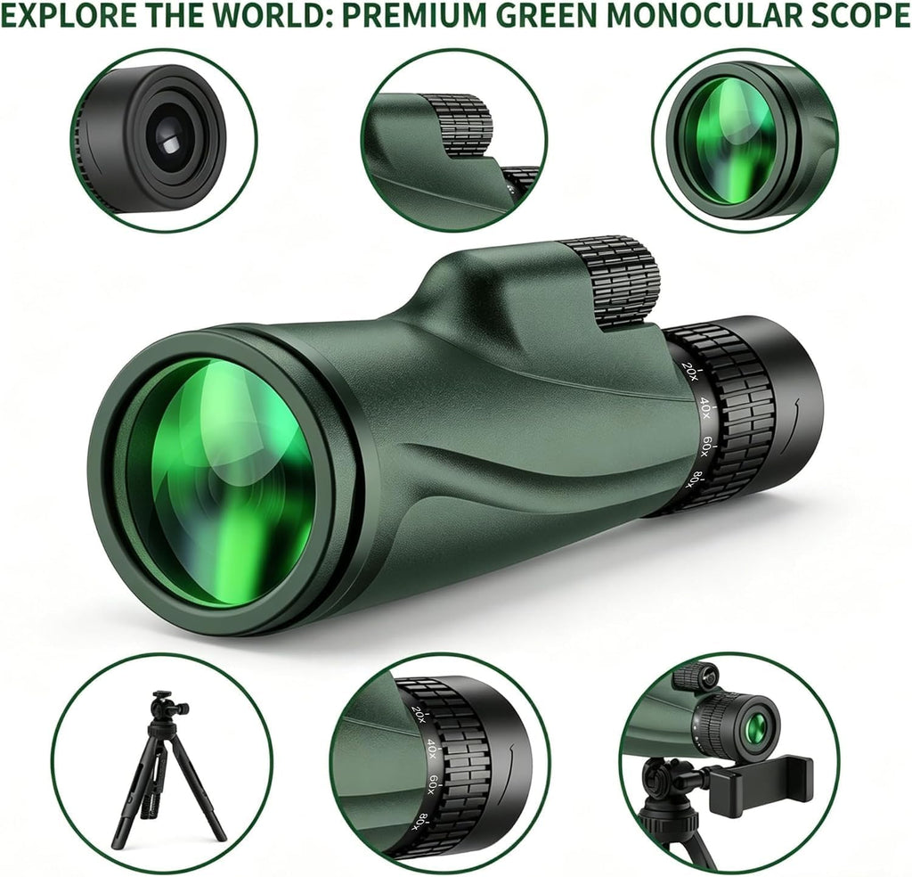 Monocular Telescope 80 x 100 High Powered Monoculars for Adults with Tripod, Monocular for Smartphone Suitable for Bird Watching Larger Vision Monoculars for Adults with BAK4 Prism & FMC Lens Green