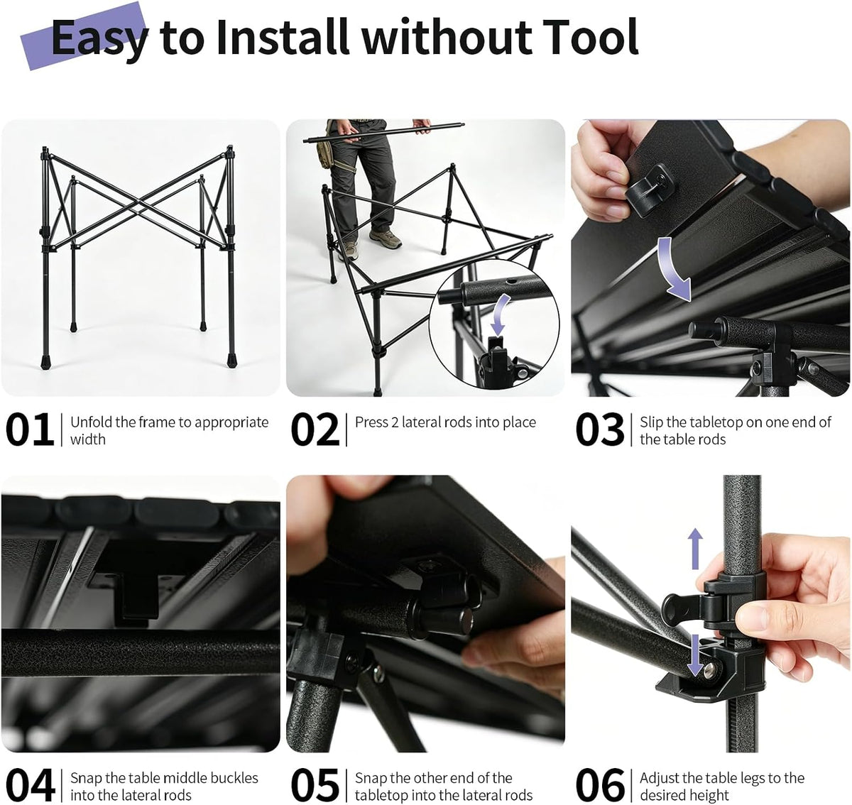 Byliable Square Camping Table Folding Adjustable Height Camp Table, Black