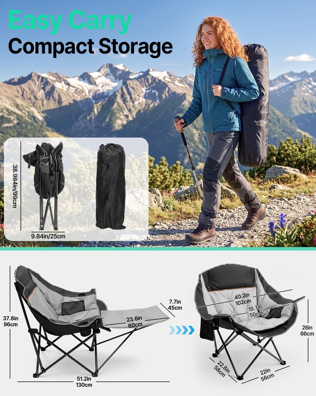 HOPERAN Oversized Camping Chair with Foot Rest, 500lbs Padded Lawn Chairs