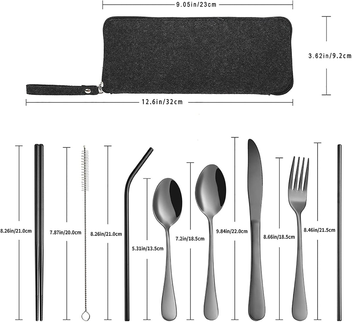 VANDBAO Portable Travel Utensils, Reusable Silverware with Case for Fixing Tableware, 9 Pieces Stainless Steel Stable Flatware Set, Camping Picnic Cutlery Set (Black Set)