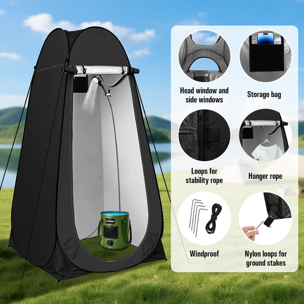 Portable Shower with Heater, Pop up Shower Privacy Tent with LED Lights, 6000mAh Camp Shower Pump, 6.6 Gallons Foldable Bucket, Outdoor Camping Shower Kit for Hiking, Beach, Pet Bath, Car Wash (Black)