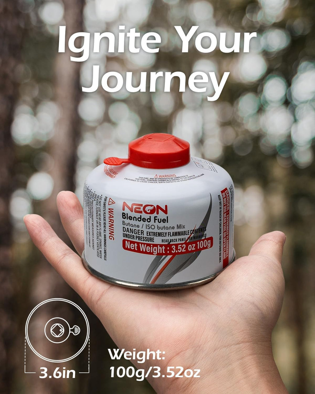 NEON Isobutane Fuel Canister, Portable Camping Gas 100g, Efficient and High Output Butane for Camp Stove, Backpacking, Hiking, Lanterns, Outdoor Cooking, Suitable for All Seasons