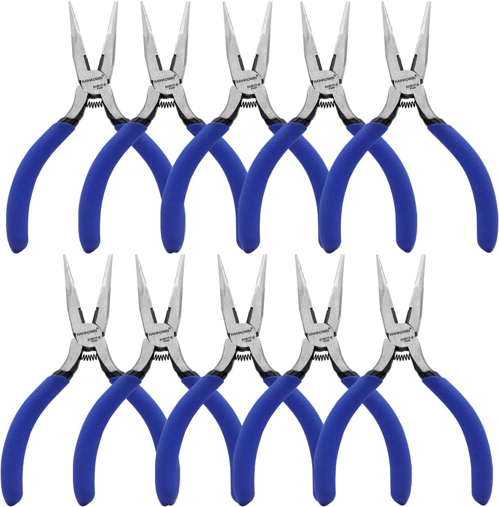 KAIHAOWIN 5" Mini Needle Nose Pliers - 10 Pack, Small Precision Pliers Set for Jewelry Making & Crafts, Spring Loaded Long Nose Pliers with Wire Cutter, Rustless High Carbon Steel for Bulk Projects