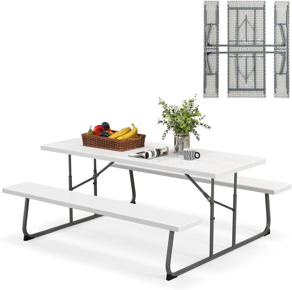 Tangkula 6 Ft Folding Picnic Table, Outdoor 8 Person Large Picnic Table Set with 2 Built-in Benches, Umbrella Hole, Metal Frame & HDPE Tabletop for Garden, Backyard (White)