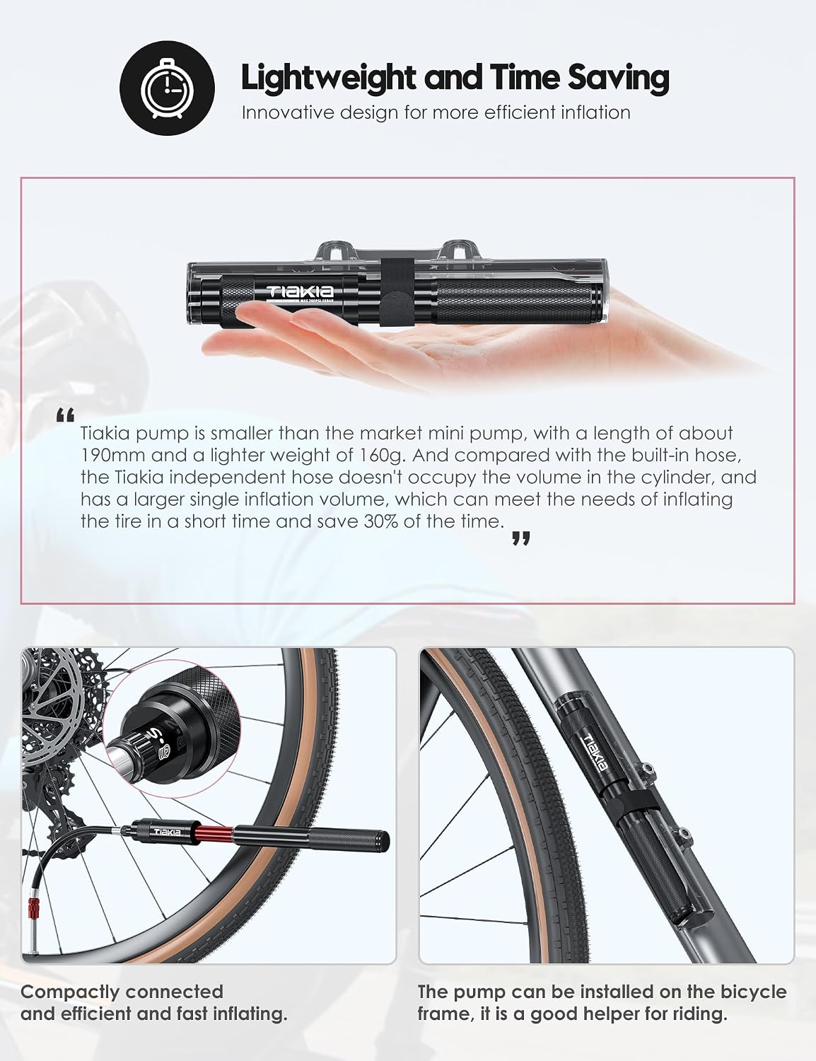 Tiakia Mini Bike Pump, 260PSI High Pressure for Road & Mountain Bikes