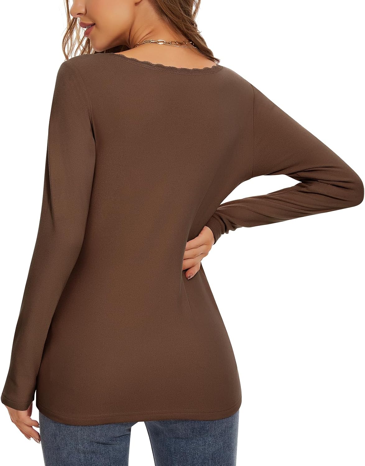 WOWENY Women Thermal Long Sleeve Shirt Fleece Lined Basic Fitted Tops Lace V Neck Undershirts Winter Tight Base Layer
