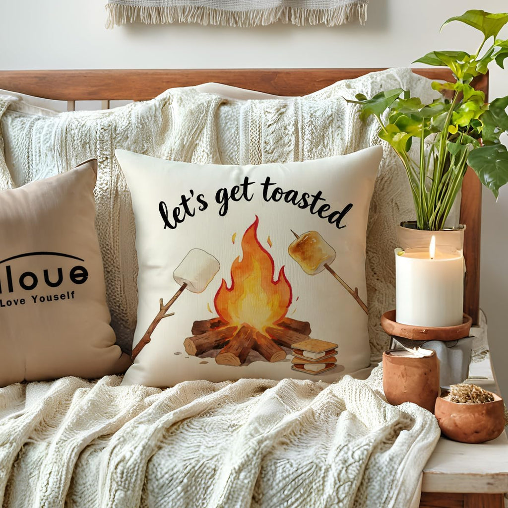 ULOVE LOVE YOURSELF Camping Throw Pillow Covers 4Pack Outdoor Campfire Adventure Decorative Pillowcases Happy Campers Cushion Covers 18 X 18 Inch for Camper, Cabin Home Decor (Brown-Orange)