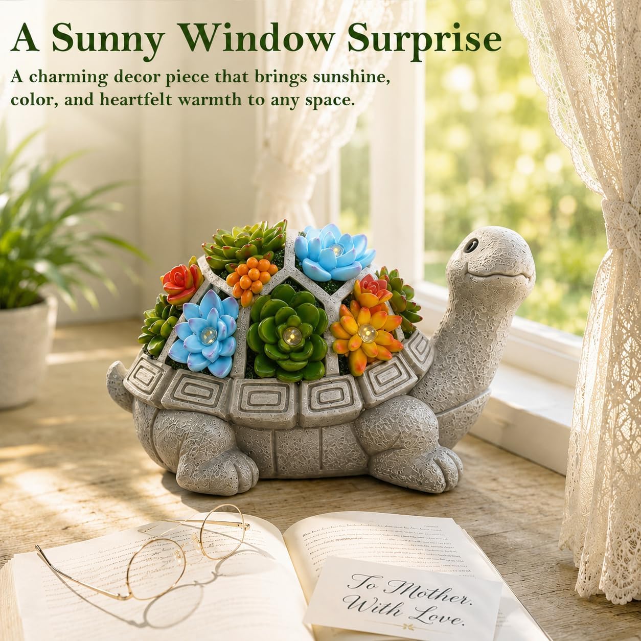 Nacome Solar Garden Outdoor Statues Turtle with Succulent | 7 LED Lights, Lawn Decor Statue for Patio, Balcony, Yard Ornament, Gifts for Mom Grandma Women