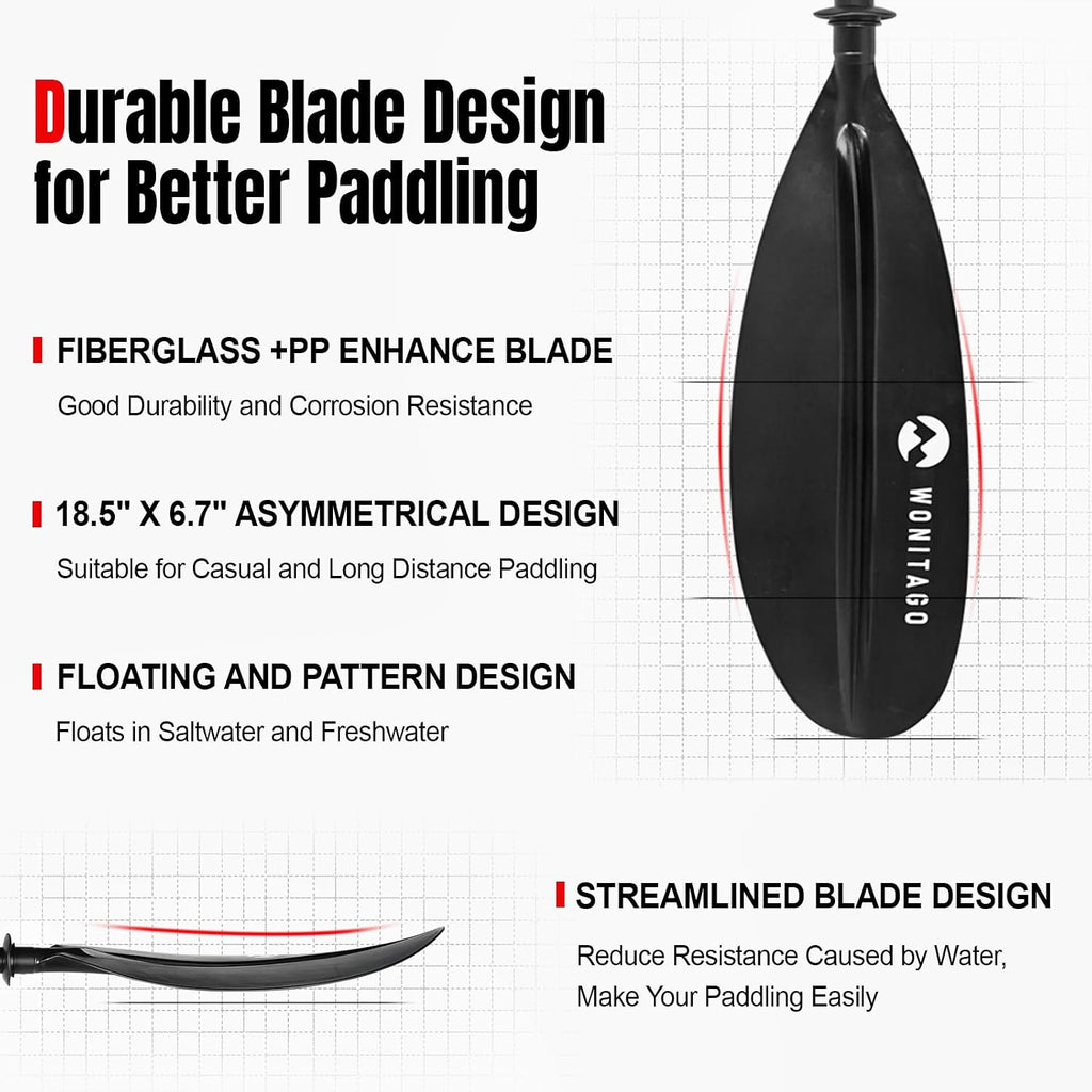 Adjustable Kayak Paddle, Fiberglass Shaft and Reinforced PP Blade