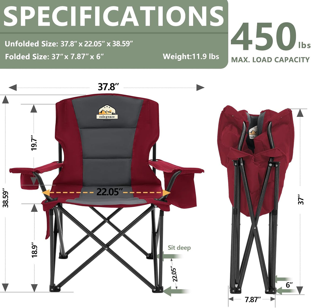 Colegence Oversized Heavy Duty Camping Chairs, 2 Pack, 450 lb, Red