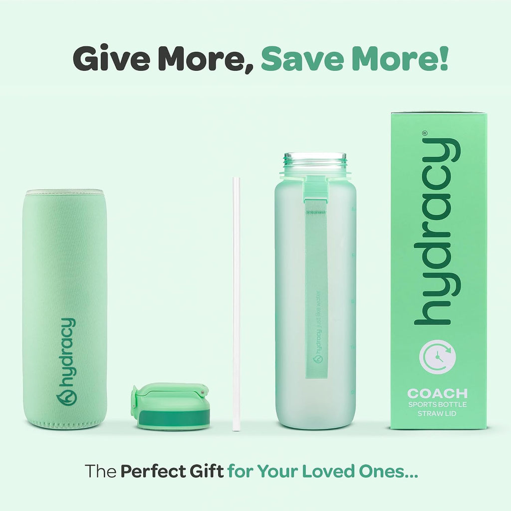 Hydracy Motivational Water Bottle with Time Marker and Straw Lid 32 oz
