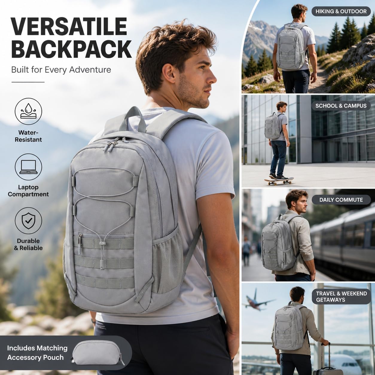 Hiking Travel Backpacks Men and Women, Lightweight Waterproof Laptop Backpack Outdoor Camping Backpack Hiking Daypack for Travel, Trekking, Work 26L (Grey)
