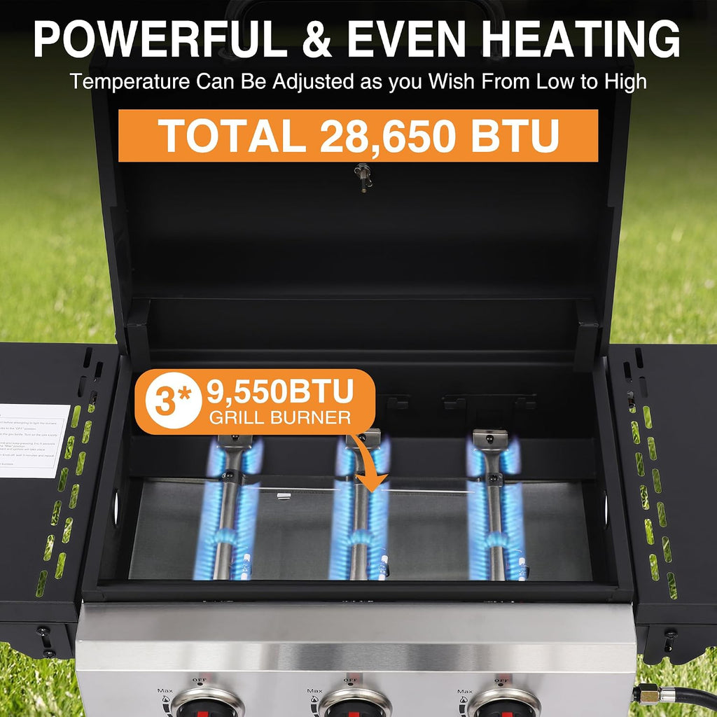 Propane Gas Grill with Folding Side Tables, 3-Burner Gas Grill with Cast Iron Grates and Stainless Steel Griddle Pan, Outdoor BBQ Grill Portable with Wheels 30,000 BTU Output