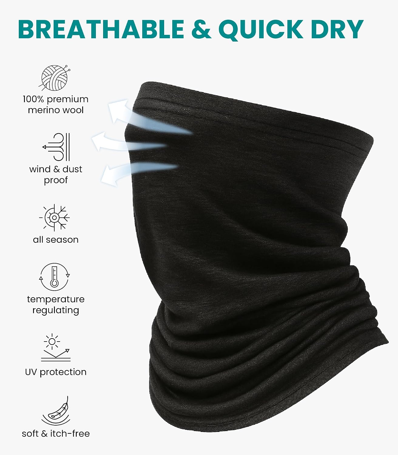 100% Merino Wool Neck Gaiter, 17.5um Face Mask, Unisex Neck Warmer 1-2 Pack