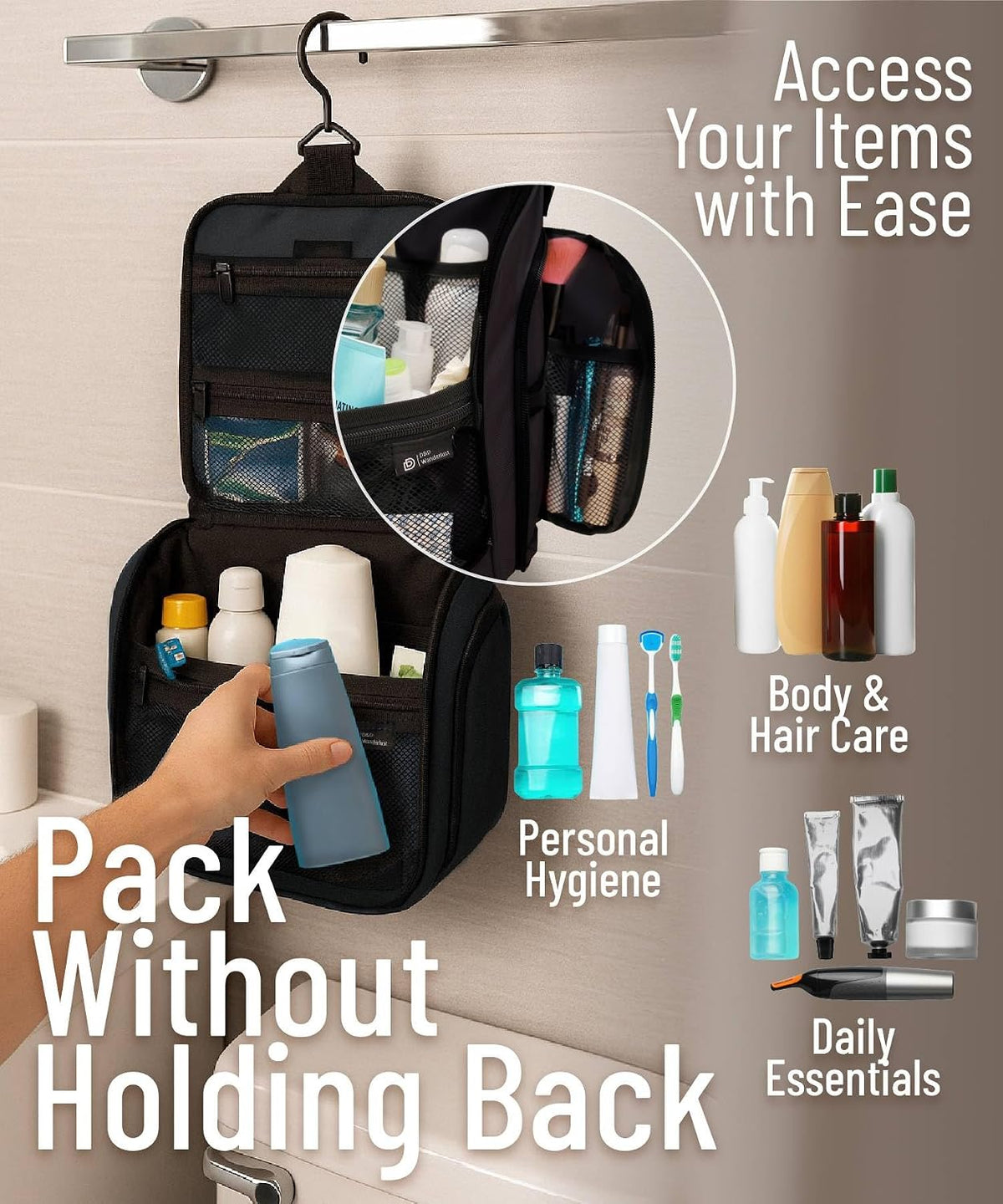 D&D Wanderlust Hanging Travel Toiletry Bag for Women & Men, Large Organizer