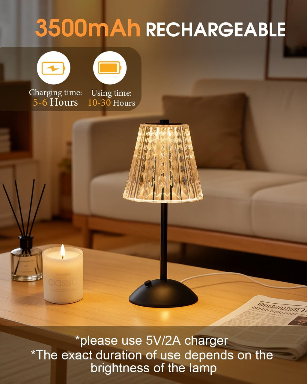 Nusogon Rechargeable Cordless Table Lamp, Touch Control Crystal Desk Lamp