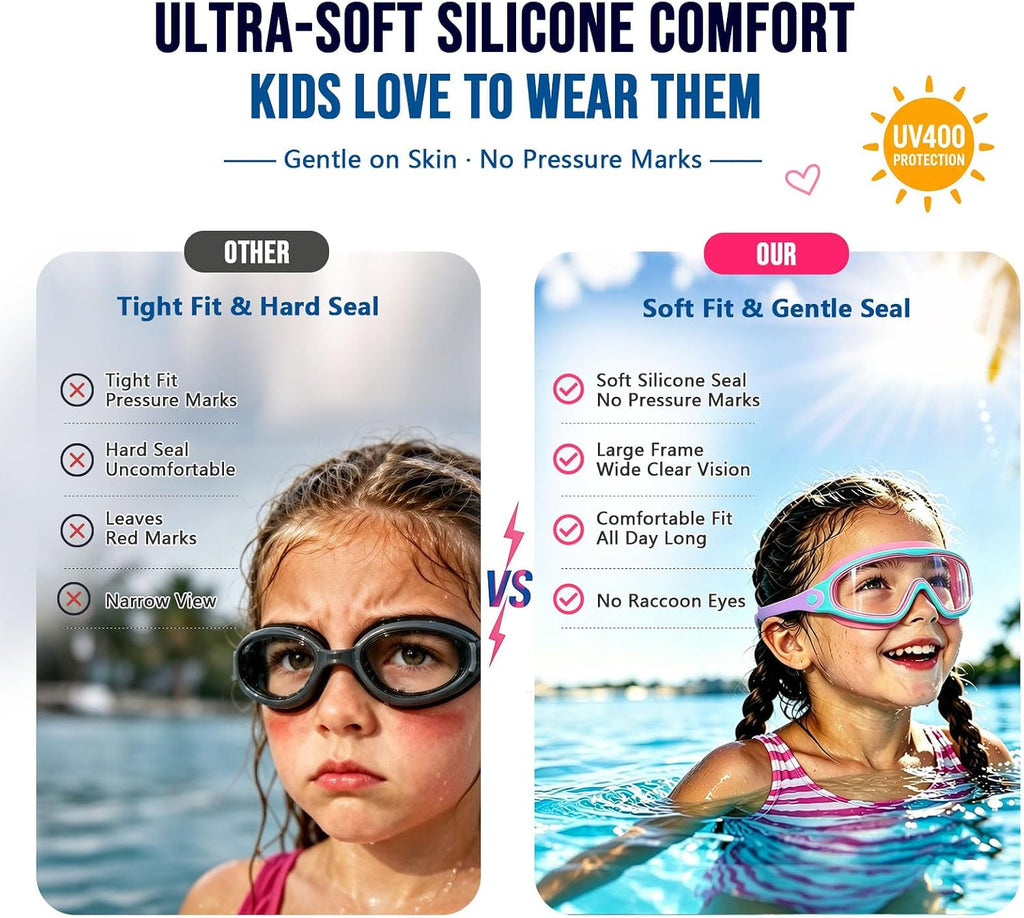 Kids Swim Goggles 2 Pack for Boys Girls 3-16,Wide View Swim Goggles with Anti-Fog UV Protection for Youth Toddler