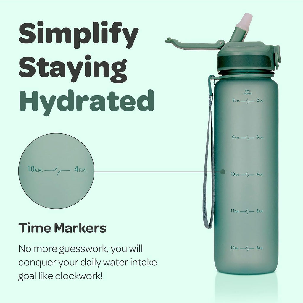 Hydracy Motivational Water Bottle with Time Marker and Straw Lid 32 oz