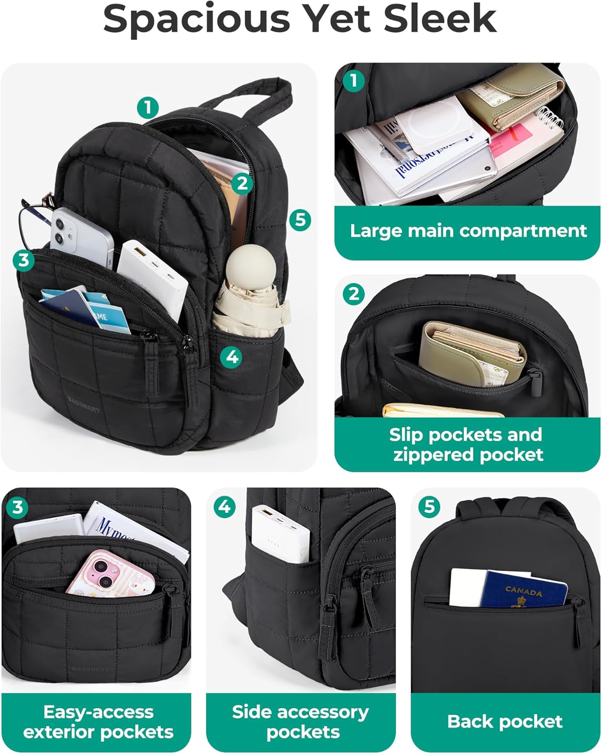 BAGSMART Mini Backpack for Women, Small College Backpack, Classic Black