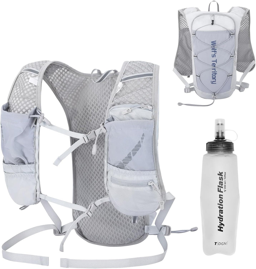 Azarxis Hiking Hydration Pack 5L Running Backpack Daypack Vest with 2L Water Bladder for Women Men Cycling Biking Trail Race (Grey with a 350ml Water Bottle)