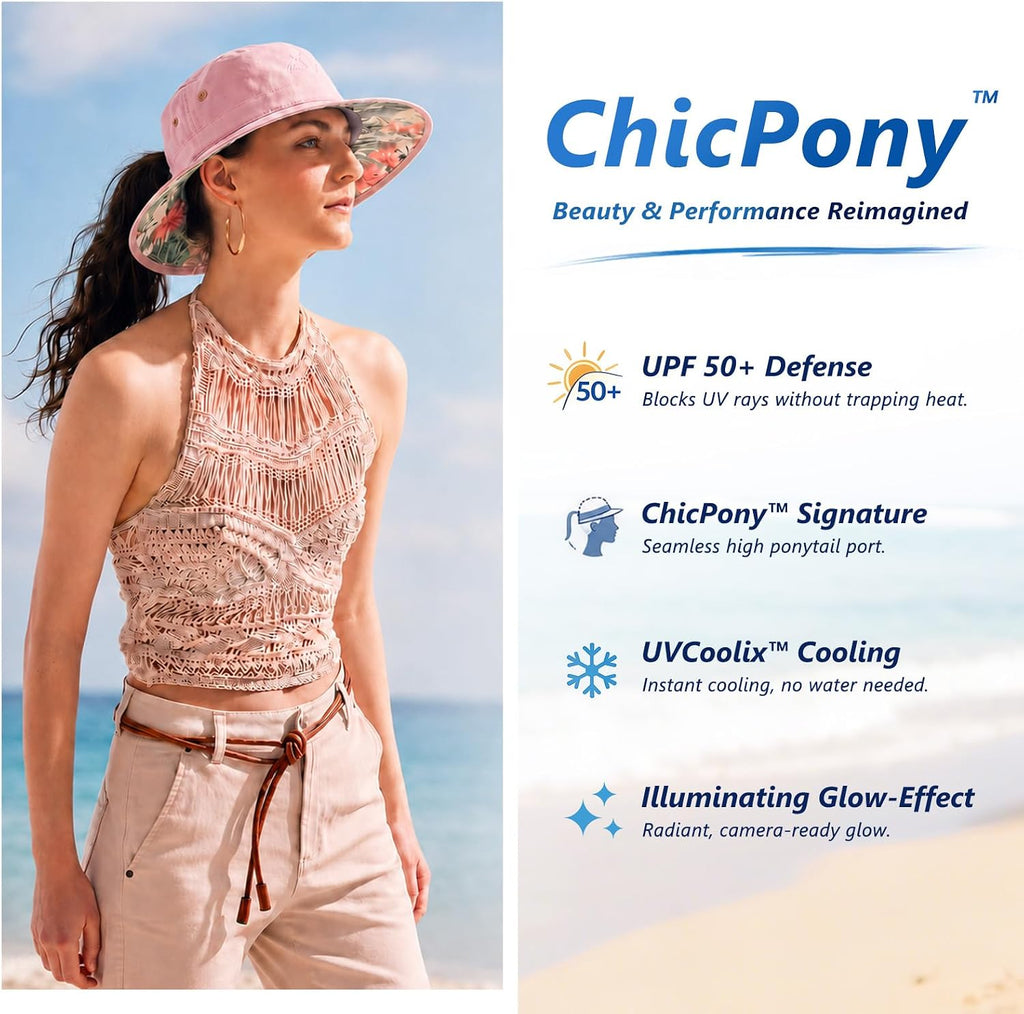 ChicPony™ Big Head Womens Ponytail Bucket Sun Hat Cooling Quick-Dry