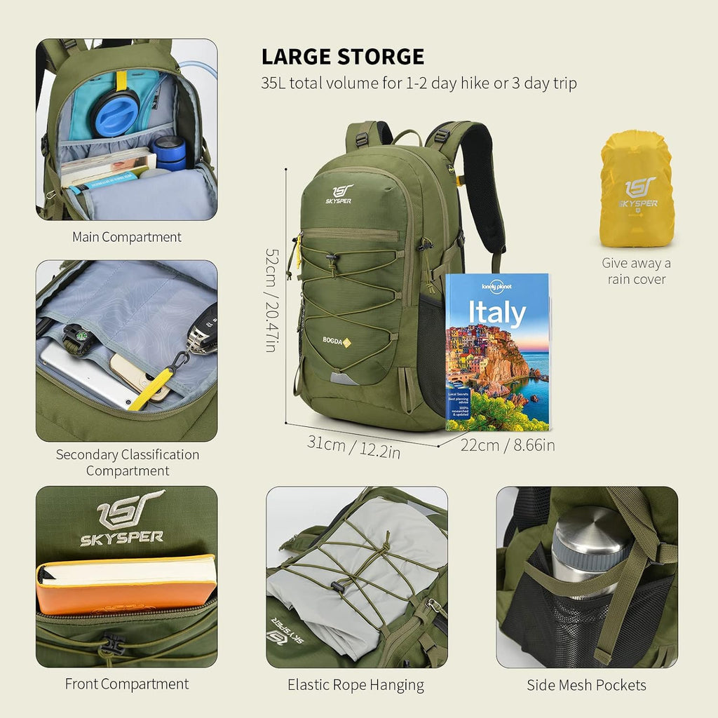 SKYSPER Hiking Backpack for Men Women, 35L Lightweight Travel Daypack, Outdoor Camping Back Pack with Multiple Compartments, Durable for Weekend Getaway