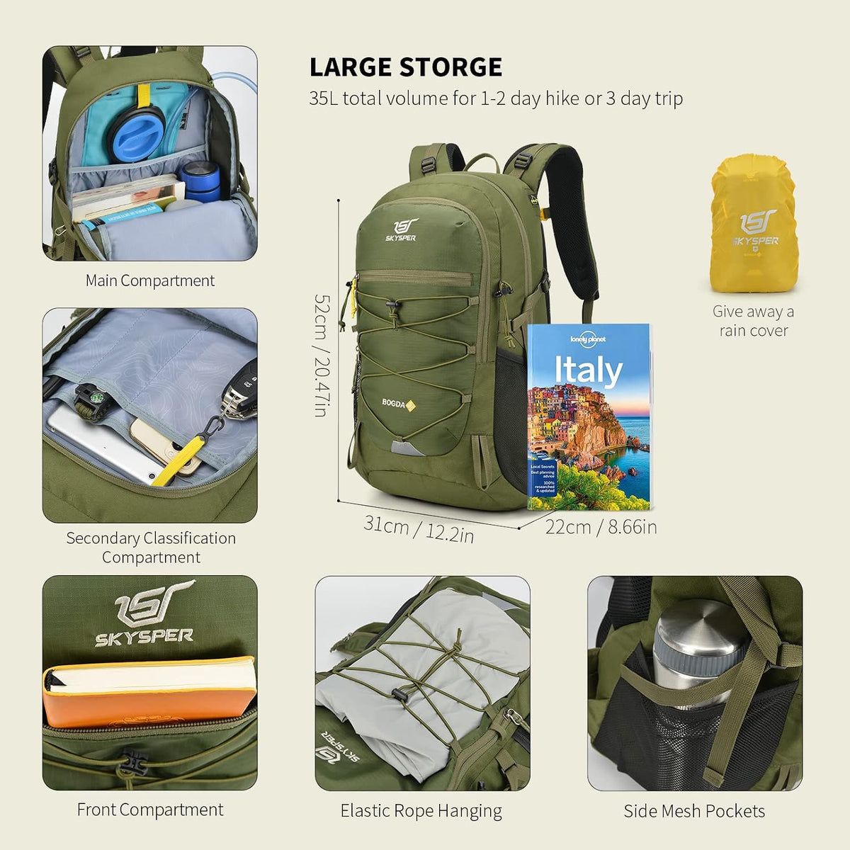 SKYSPER Hiking Backpack for Men Women, 35L Lightweight Travel Daypack, Outdoor Camping Back Pack with Multiple Compartments, Durable for Weekend Getaway