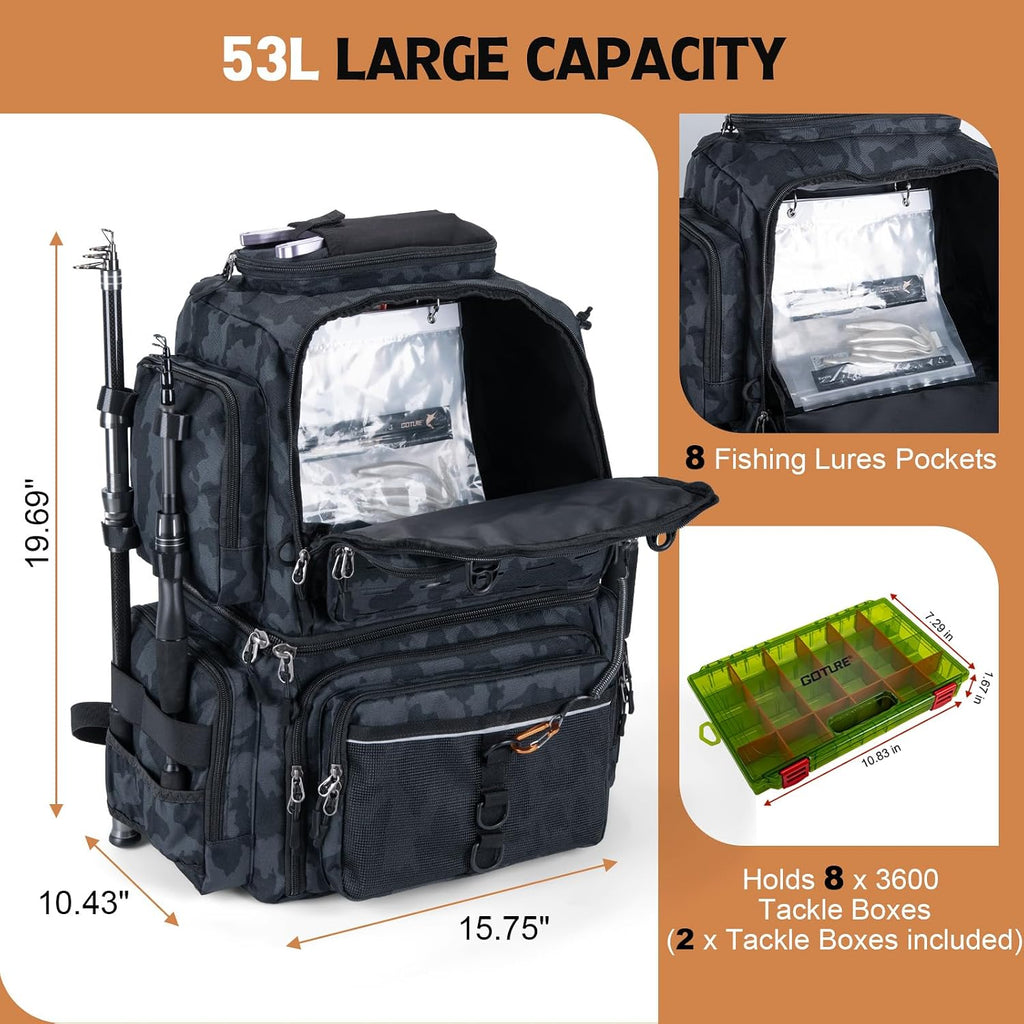 Goture Fishing Backpack with Cooler, 2 3600 Tackle Boxes,2 Rod Holders