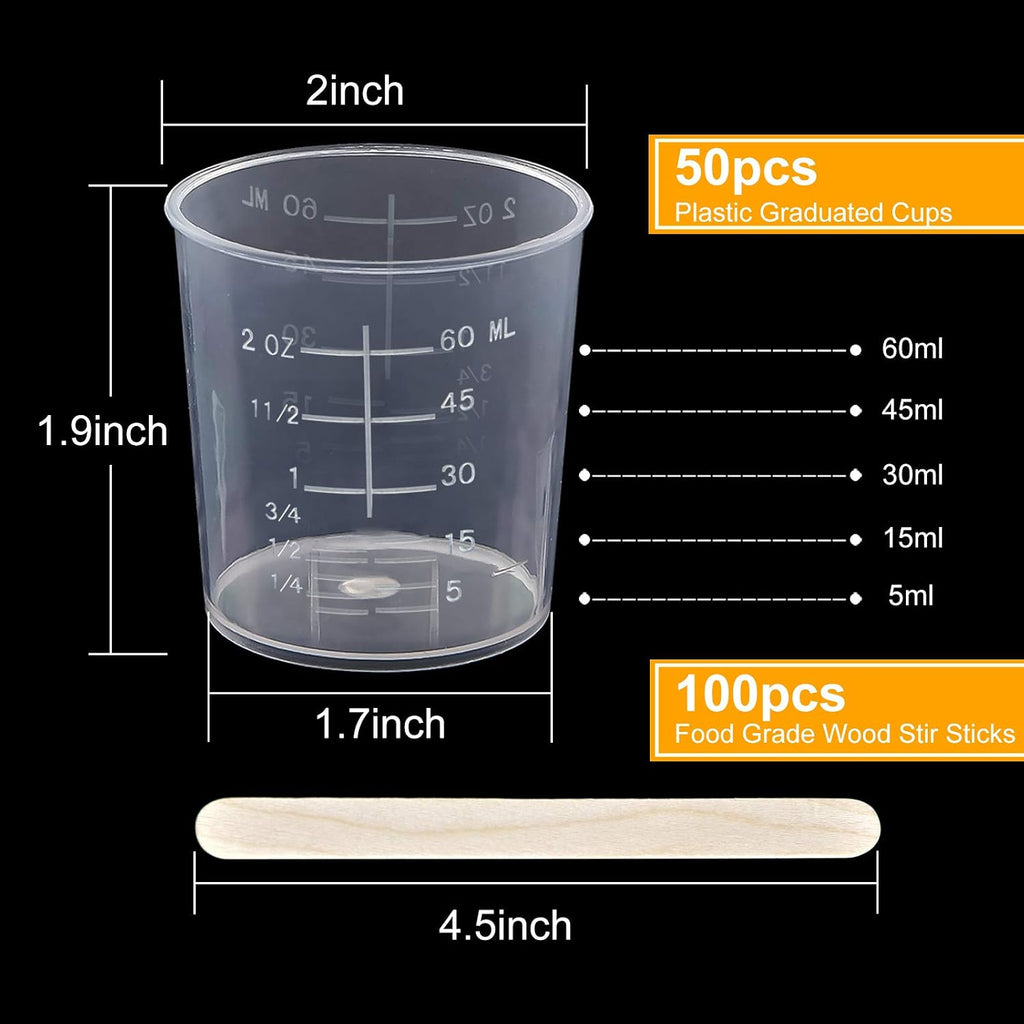Coopay 50 Pack 60ml/2oz Plastic Graduated Cups Transparent Scale Clear Epoxy Mixing Cup with 100 Pack Wooden Stirring Sticks for Resin, Epoxy, Stain, Mixing Paint