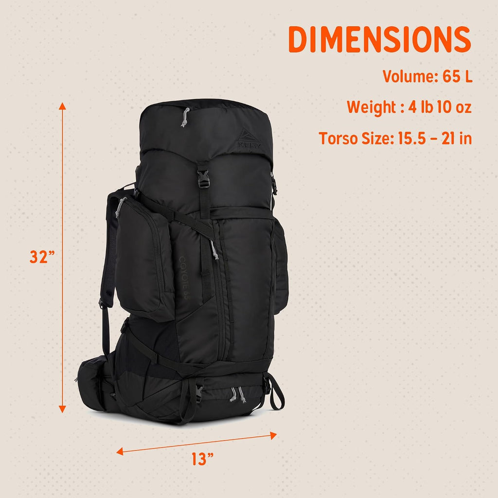 Kelty Coyote 60-105 Liter Internal Frame Backpack - Hiking, Backpacking, Travel, Adjustable Torso (65L / Black)