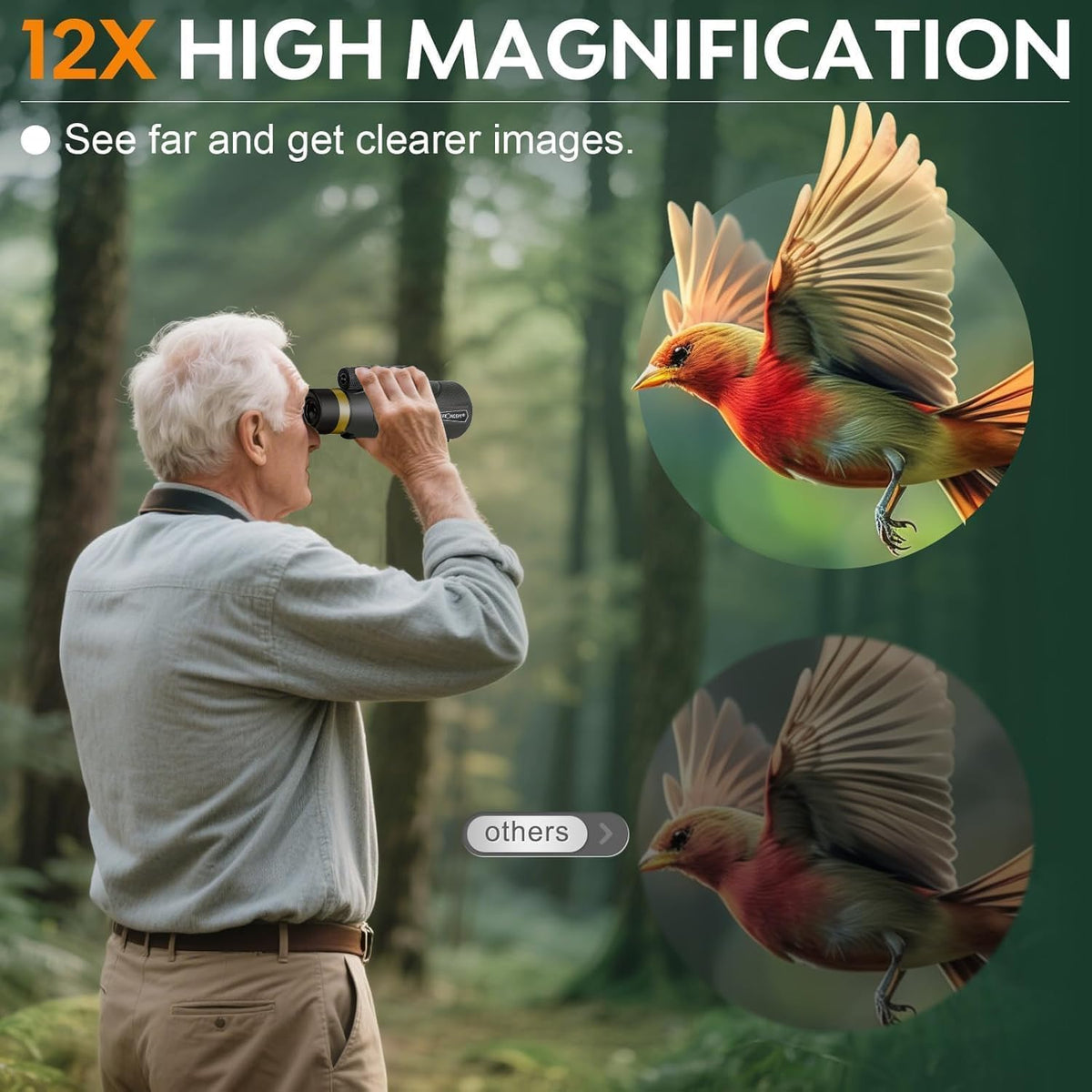 12x Monocular Telescope for Adults, 50mm Objective Lens BAK4 Prism Compact Scope with One-Hand Focus for Bird Watching, Hiking, Camping, Sports and Concerts(Black)