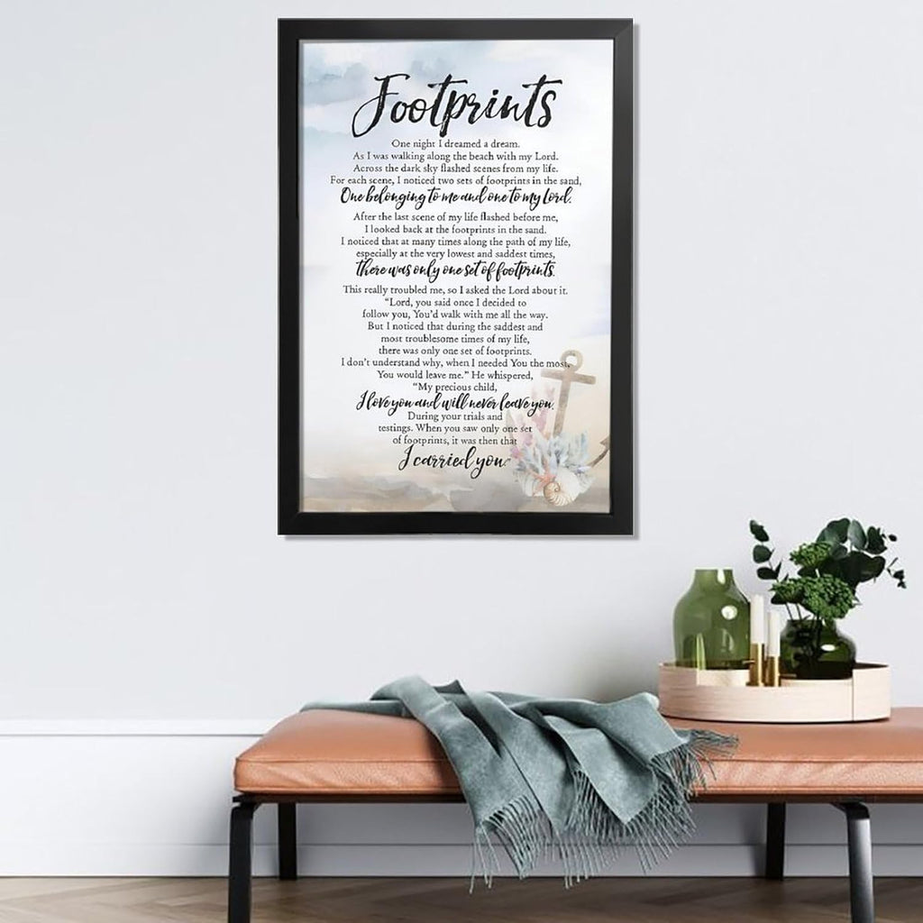 Footprints in the Sand Religious Canvas Wall Art Posters, Inspirational Beach Sunset Poem Print Poster (Black Framed 24x36inch, Footprints(6))