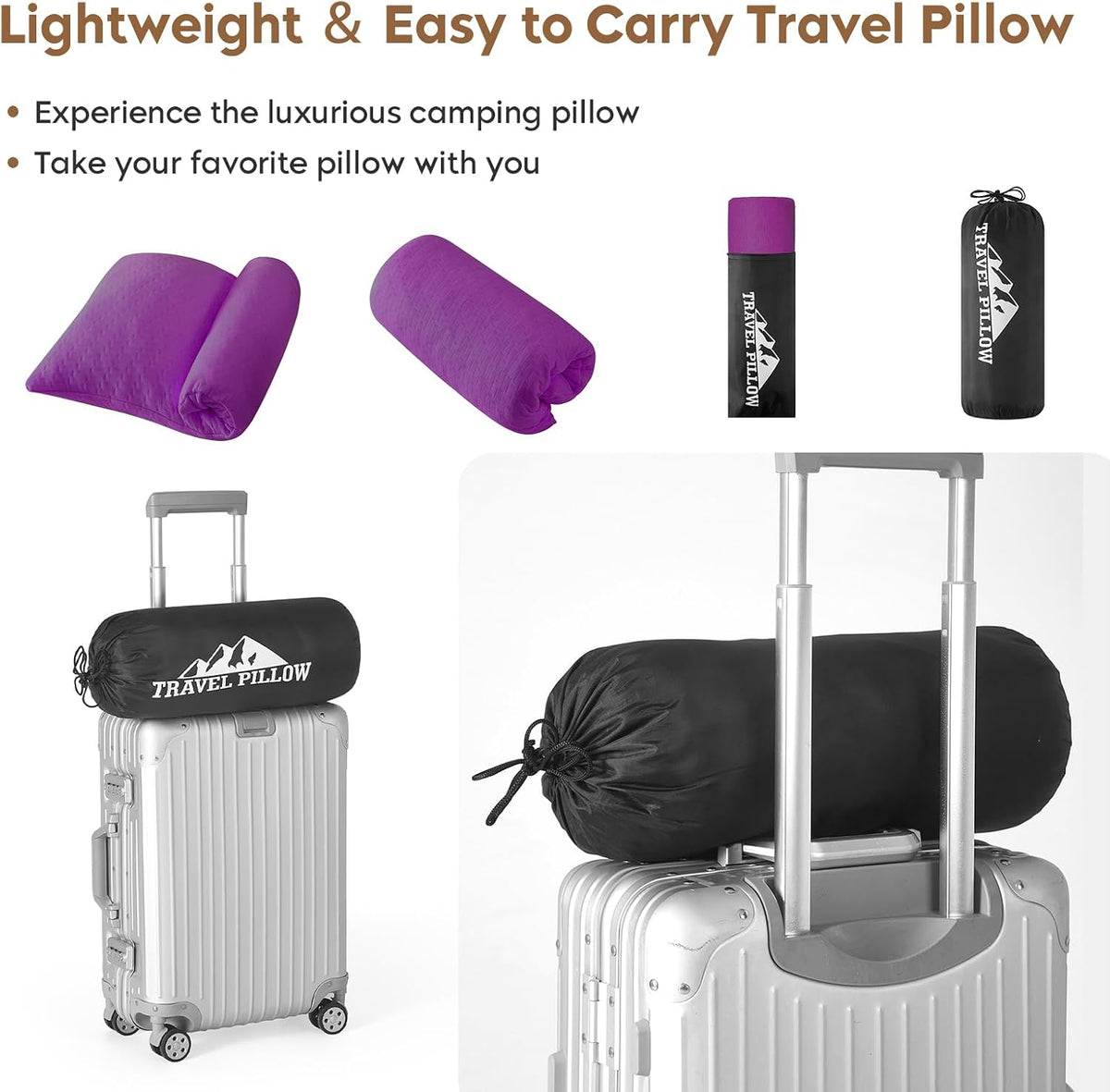 Small Shredded Memory Foam Pillow, Camping Pillow Travel Pillow - Compressible Medium Firm, Breathable Cover, Ideal Backpacking Hiking, Airplane and Car (Purple, S)
