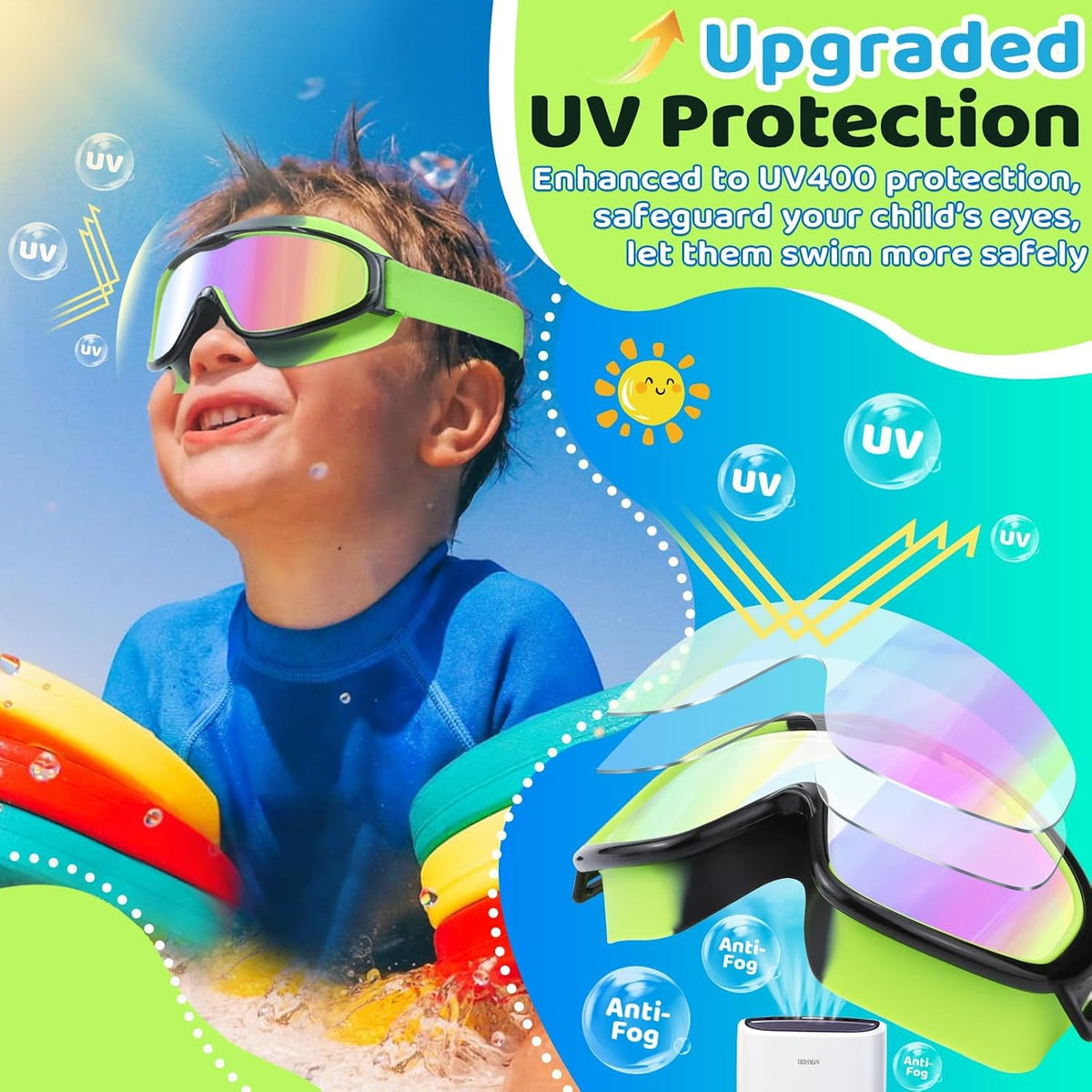 2 Pack Kids Swim Goggles for 3-14, Fabric Strap Wide View Anti Fog& UV