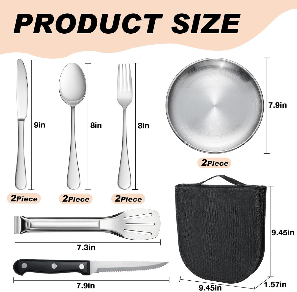 Outdoor Camping and Picnic Tableware Set, Stainless Steel Knives, Forks, Spoons, Plates, Food Tongs, Portable Tableware Set with Storage Bag