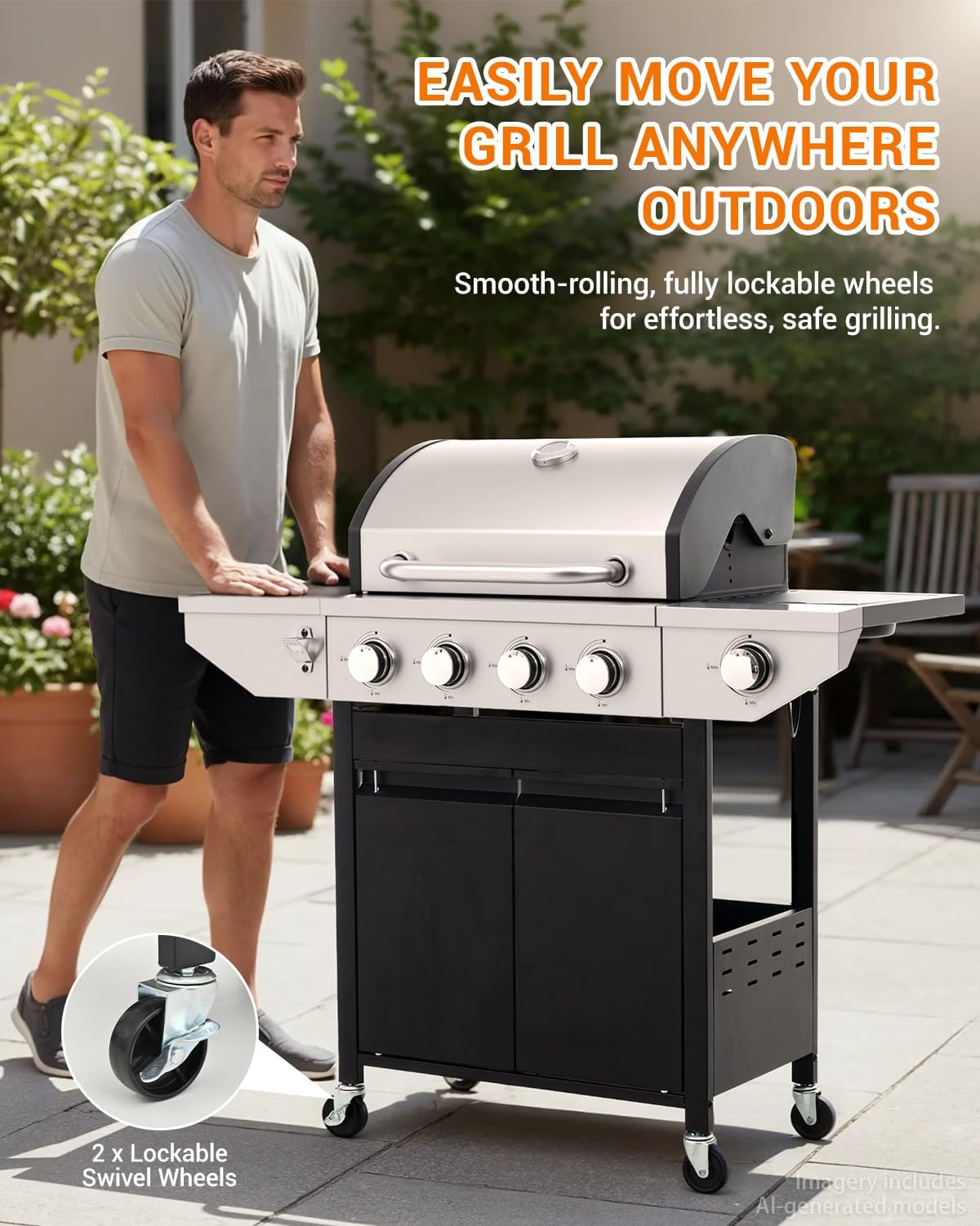 EUHOME 4-Burner Propane Gas BBQ Grill with Side Burner, 46,500 BTU Output Stainless Steel Barbecue Grill with Enameled Cast Iron Grates and Side Tables for Outdoor Cooking Kitchen and Patio Backyard