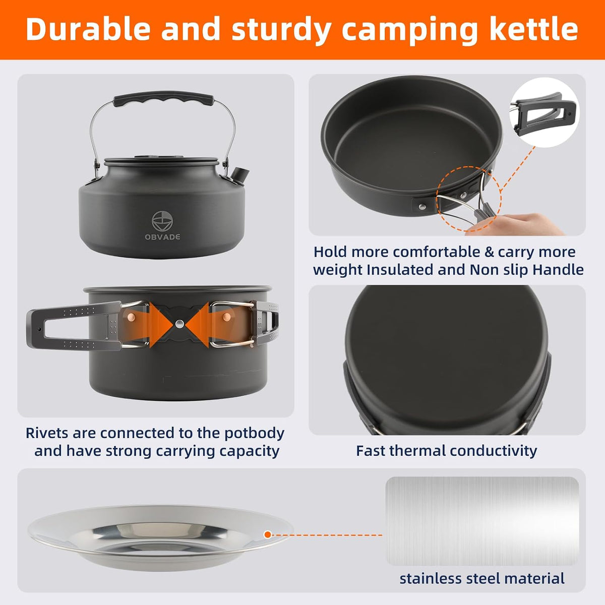 Camping Cookware Set 17 pcs Camping Cooking 0.30G Kettle 0.45G Pot 7 in Pan and 2pcs Stainless Steel Cups Plates Forks Knives Spoons Bag for 1-2 People Backpacking Hiking Picnic